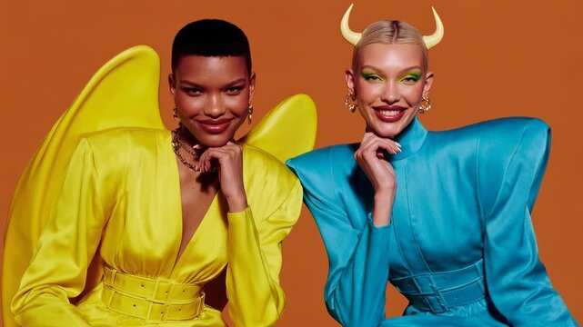 Fashionable models in vibrant yellow and blue outfits with striking makeup.Two stylish women with bold makeup and unique outfits, one with devil horns. Two stylish women with bold.