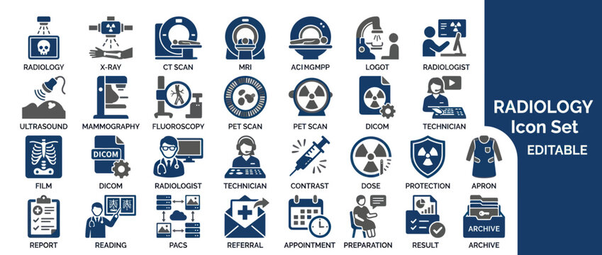 Radiology Icon Set: Medical Imaging, Diagnostics, Healthcare Technology, and Hospital Services