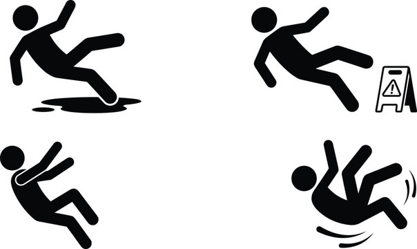 Slippery floor wet hazard stick figure icons set featuring stumbling falling human silhouettes and caution warning sign board