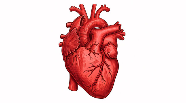 Anatomically correct illustration of a human heart isolated on a white background.