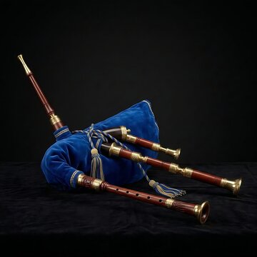 Traditional Spanish Gaita Bagpipe: A Spanish Celtic Gaita bagpipe made of dark cherry wood, polished brass rings, and a royal blue velvet bag lining, full instrument layout, black background, 