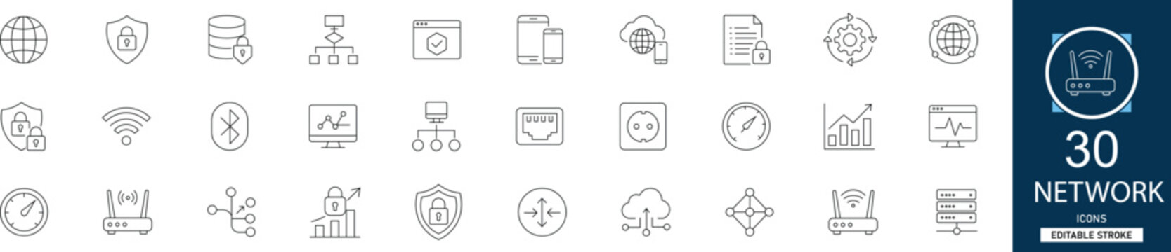 Network risk and cybersecurity line icon set with 30 icons firewall, data breach, secure connection, virus, encryption, server protection, threat. Clean linear vector.