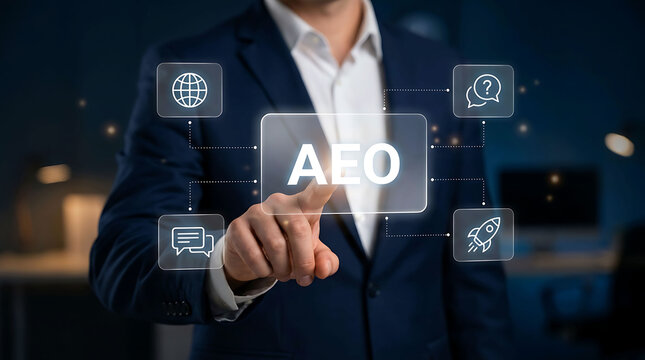 AEO answer engine optimization digital marketing concept with businessman
