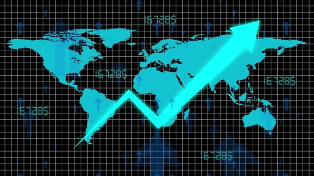 Global finance animation displays upward trending cash values across regional matrix maps. International investment platforms implement a global finance animation template loop.