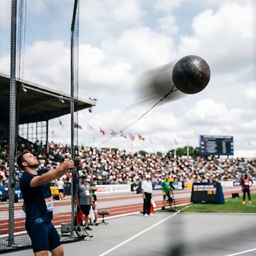 a person is playing spherical hammer throw weight in mid-flight during a track and field competition