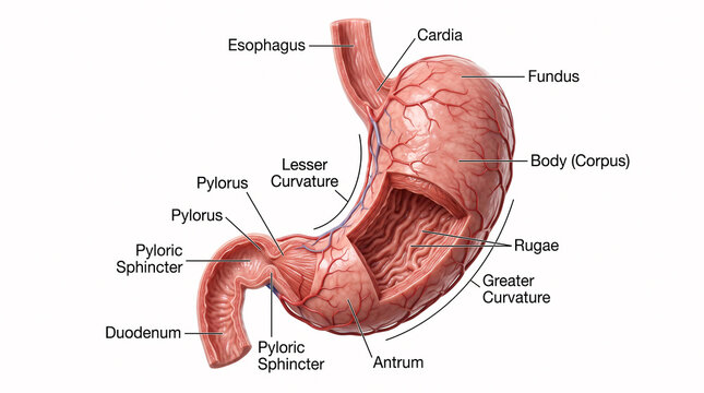 Anatomical illustration of the human stomach with labels for medical education.