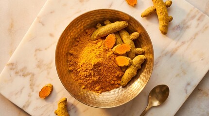 Fototapeta premium Turmeric Powder with Fresh Rhizomes and Slices in Golden Bowl on White Marble Board