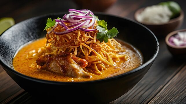 Creamy khao soi curry soup chicken thigh crispy fried noodles purple onion cilantro rustic tabletop