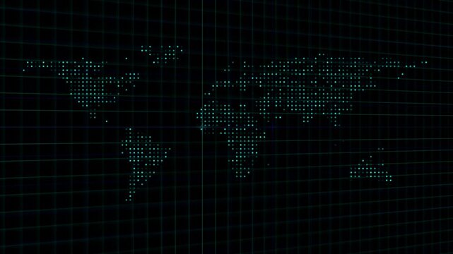 Earth globe animation maps geographic communication lines via digital continent dot nodes. Global telecommunication networks include an earth globe animation matrix data view.