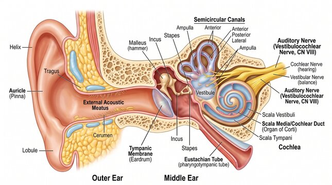 Detailed anatomical diagram of the human ear structure showing inner middle and outer components