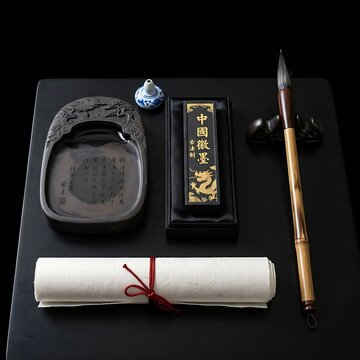 Traditional Chinese Scholar's Four Treasures: A neat arrangement of an inkstone, an inkstick with gold leaf characters, a calligraphy brush with a bamboo handle, and a roll of white Xuan paper,