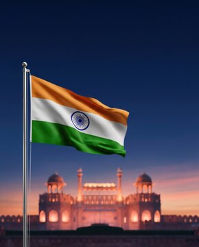 Indian flag and red fort background.
