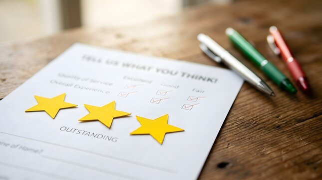 Customer satisfaction survey with three yellow stars for outstanding performance on wooden office desk
