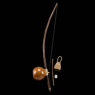 Traditional Brazilian Berimbau Instrument: A complete Capoeira Berimbau musical bow made of verga wood, with a polished gourd resonator (caba�a), an iron string, and a small woven caxixi rattle,