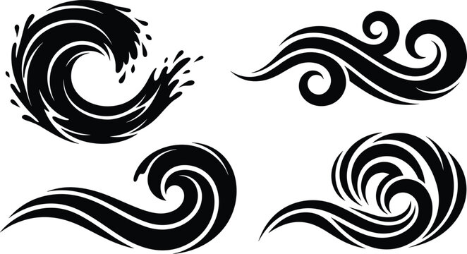 Ocean waves and decorative wind swirls icon set with abstract sea splash crests and fluid tide patterns for surfing designs