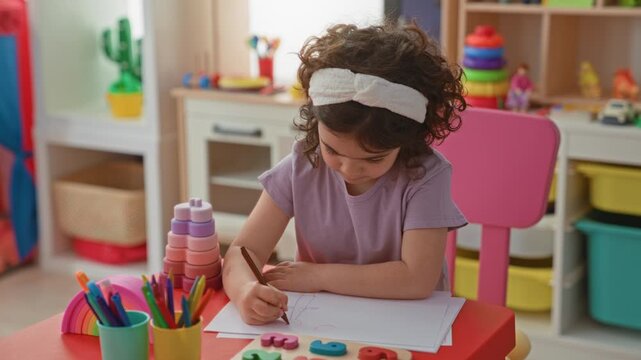 Girl stacking pastel toy rings and drawing with a pencil, hands engaged at a colorful play studio; childhood creativity concentration.