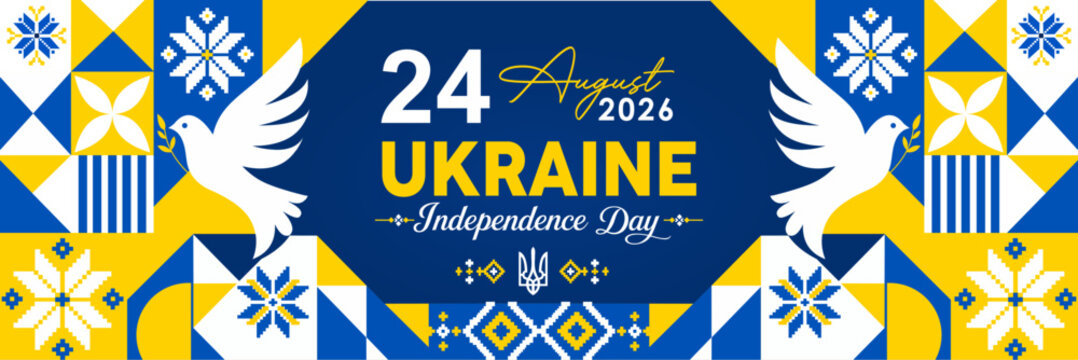 35th Ukraine Independence Day 2026 Panoramic Peace Dove Banner. Flat style horizontal panoramic celebration layout for Ukraine's 35th Independence Day, featuring symmetric flying peace and doves.