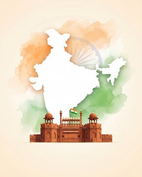 India Independence Day watercolor background with red fort and indian map.