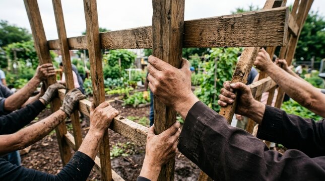 Multiple People Cooperating to Build Wooden Structure