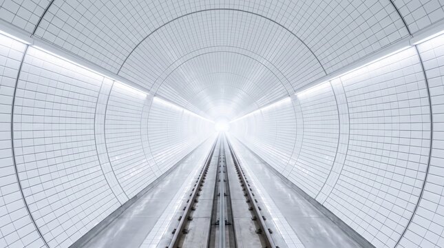 A sleek, modern subway tunnel stretches into the distance, featuring white tiled walls and ceiling, illuminated by fluorescent lights, with two parallel train tracks running down the center.