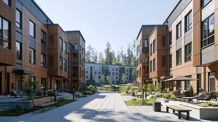 Fototapeta premium Modern wooden apartment buildings line a sunlit courtyard. Benches and greenery decorate the paved walkway