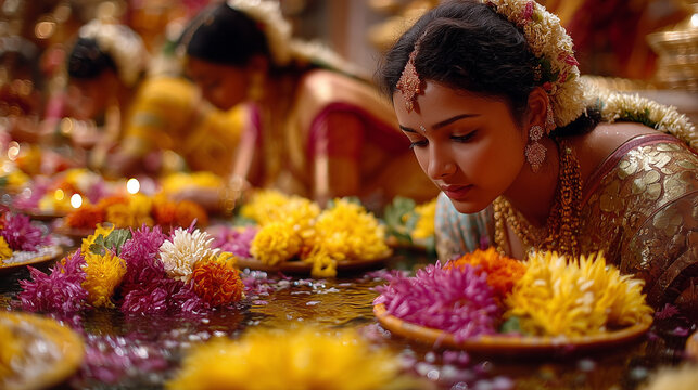 People celebrate Ugadi festival by offering flowers and prayers at a decorated water area in a temple setting during daylight hours