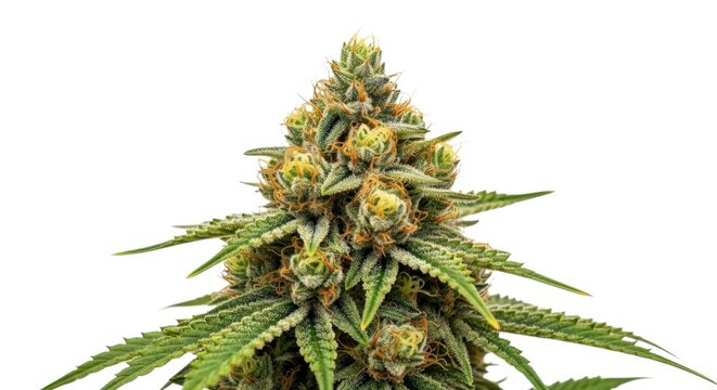 Single medicinal cannabis flower bud covered in resinous trichomes close up studio shot on clean white background for herb info.