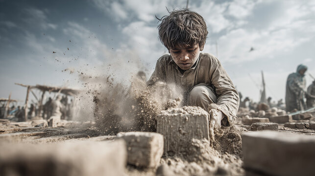 Children work during Day Against Child Labor to raise awareness of child exploitation in the community at a construction site