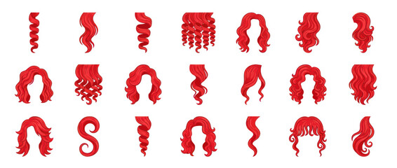 Red curly hair styles and wig textures set on white background © rikiy