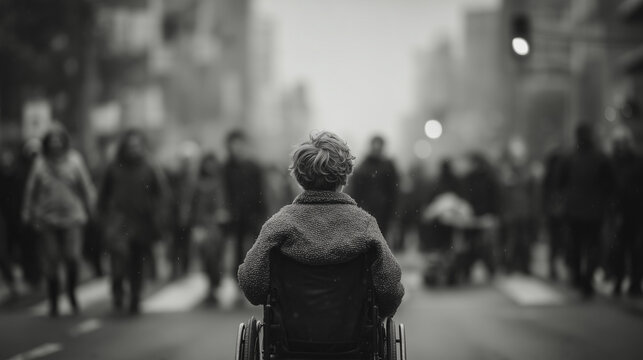 Crowd walks by a person in a wheelchair during Day of the Disabled event in the city streets