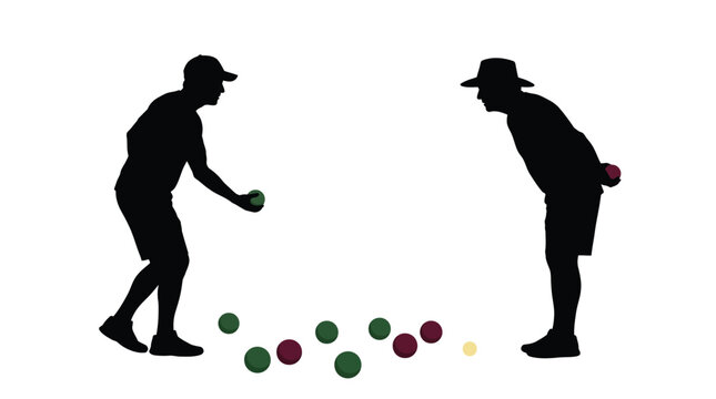 Silhouette vector illustration of two men playing a casual game of bocce ball outdoors together