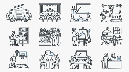 Obraz premium Sleek Black and White Line Set of Diverse Community and Educational Activities Icons with high quality professional line art symbols for modern creative design and digital branding projects