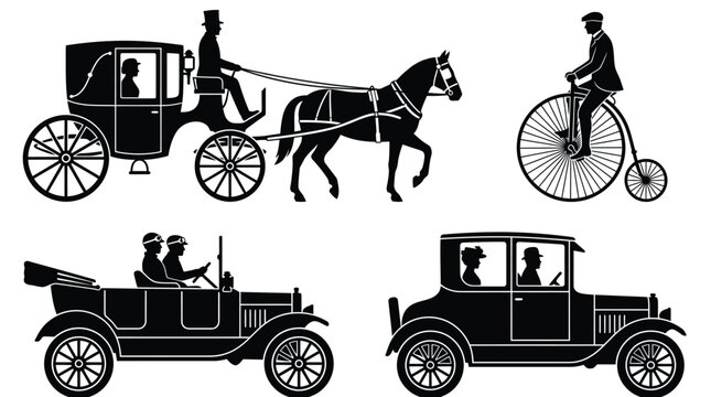 Vector graphic set featuring antique horse drawn carriages vintage automobiles and a classic penny farthing bicycle