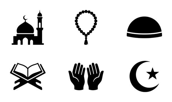 Islamic Icons Set: Mosque, Prayer Beads, Cap, Quran, Hands, Crescent Moon Symbols