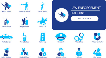 Law enforcement icons set. Silhouette vector illustration of police, knight, badge and handcuffs for security design. © Icon Set