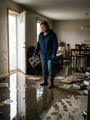 Woman surveying flood damage in her home holding salvaged items. © Dece Std