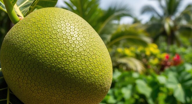 Green jackfruit hanging on tree in tropical garden.
