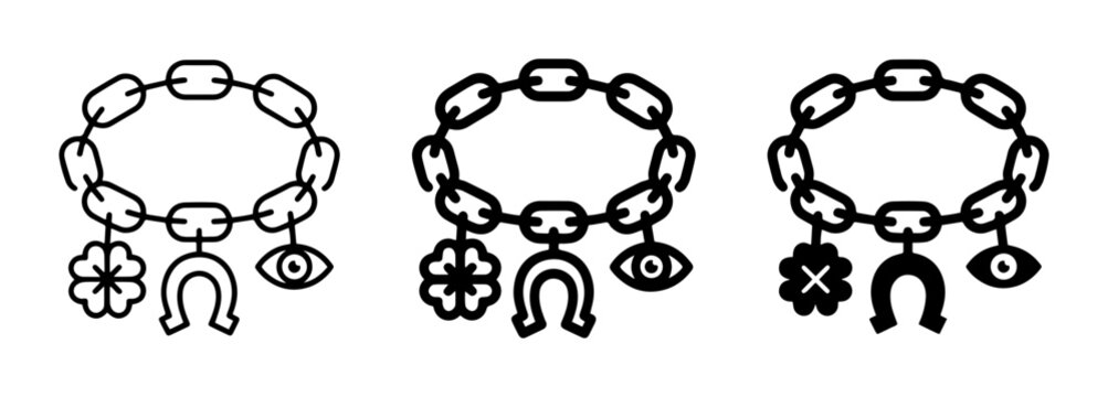 Lucky Charm Bracelets, Set of 3, Featuring Clover, Horseshoe, and Evil Eye Icons, Simple Line Art Style