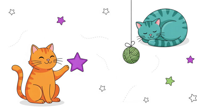 Two cartoon cat illustration with stars and a ball of yarn, symbolizing playfulness and relaxation, ideal for children's themes or lighthearted content