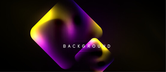 Naklejka premium Abstract fluid shapes, vibrant colors blend. Purple, yellow, magenta dominate dark background. Modern design element.
