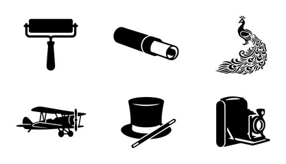 Vintage Icons Collection: Paint Roller, Telescope, Peacock, Biplane, Top Hat, Camera, Retro Graphic Elements © Bepari