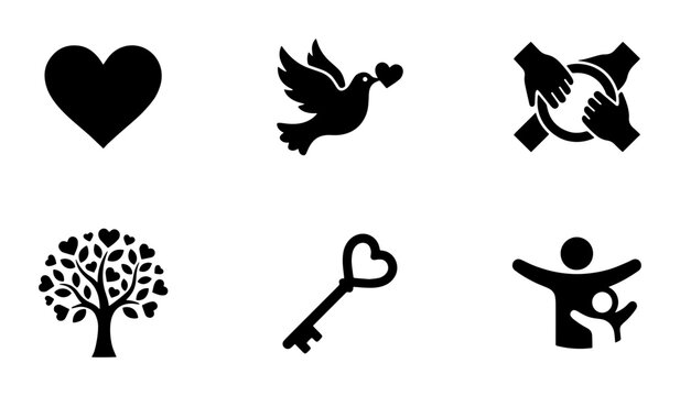 Set of 6 Black Vector Icons: Heart, Dove, Hands, Tree, Key, Family Silhouette - Symbolizing Love, Peace, Unity, Growth, and Belonging for Design Projects