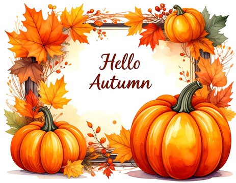 A vibrant watercolor image of pumpkins and autumn leaves, arranged around a square frame with the greeting "Hello Autumn.