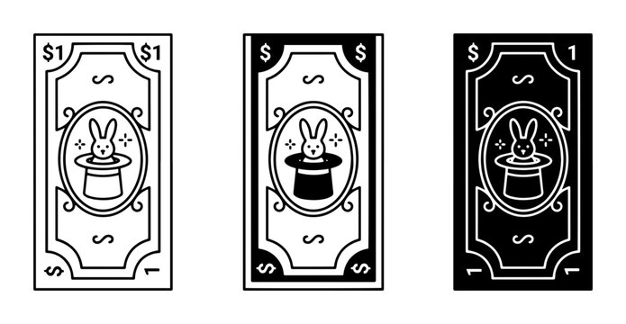 Magic Money Icons, Illusion Currency Symbols, Rabbit Hat Vector Graphics, Financial Trickery, Entertainment Cash Design