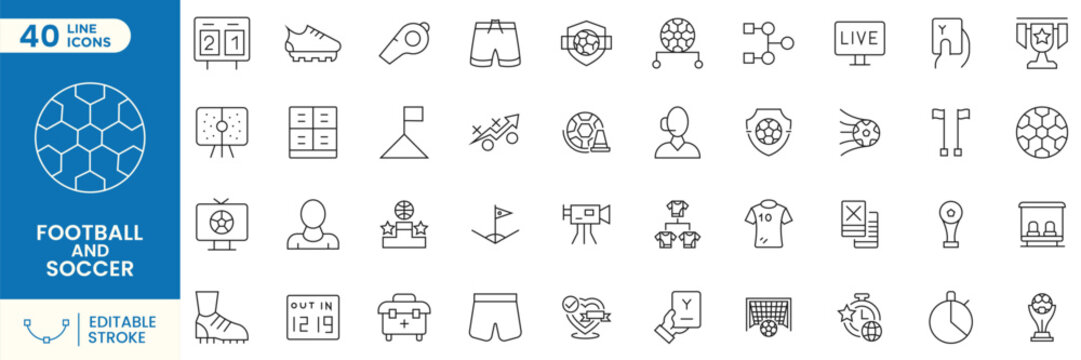 Football and Soccer Line Icons Set, Live Match, Stadium, Trophy, Referee, Ball, Jersey, Championship, Sports Outline Vector Collection Editable Stroke