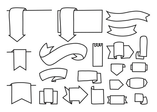 Ribbon Banners and Blank Labels Set. Cute Planner Bookmarks, Arrows and Bullet Journal Elements. Isolated Black Line-Art Hand Drawn Doodles. Vector Illustration.