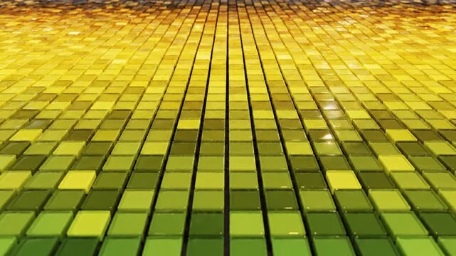 Perspective view of small square mosaic tiles in a gradient from navy blue to teal and yellow, glossy reflective glass surface with shallow depth of field.