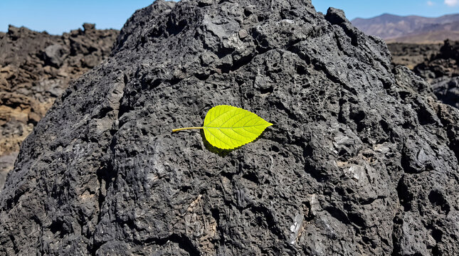 Single Neon Green Leaf on Rough Dark Charcoal Volcanic Rock 8K Photo