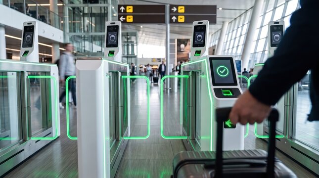 Modern airport biometric gates with green lights and traveler passing through automated border control. Concept of smart travel, airport security and contactless passenger check in.