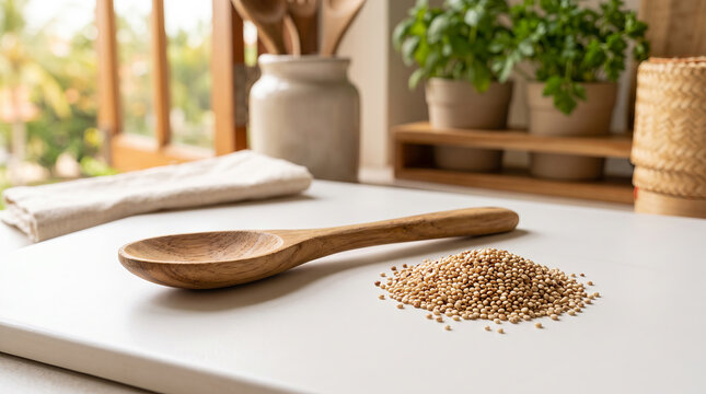 Carved Wooden Spoon with Raw Organic Quinoa Grains Still Life 8K